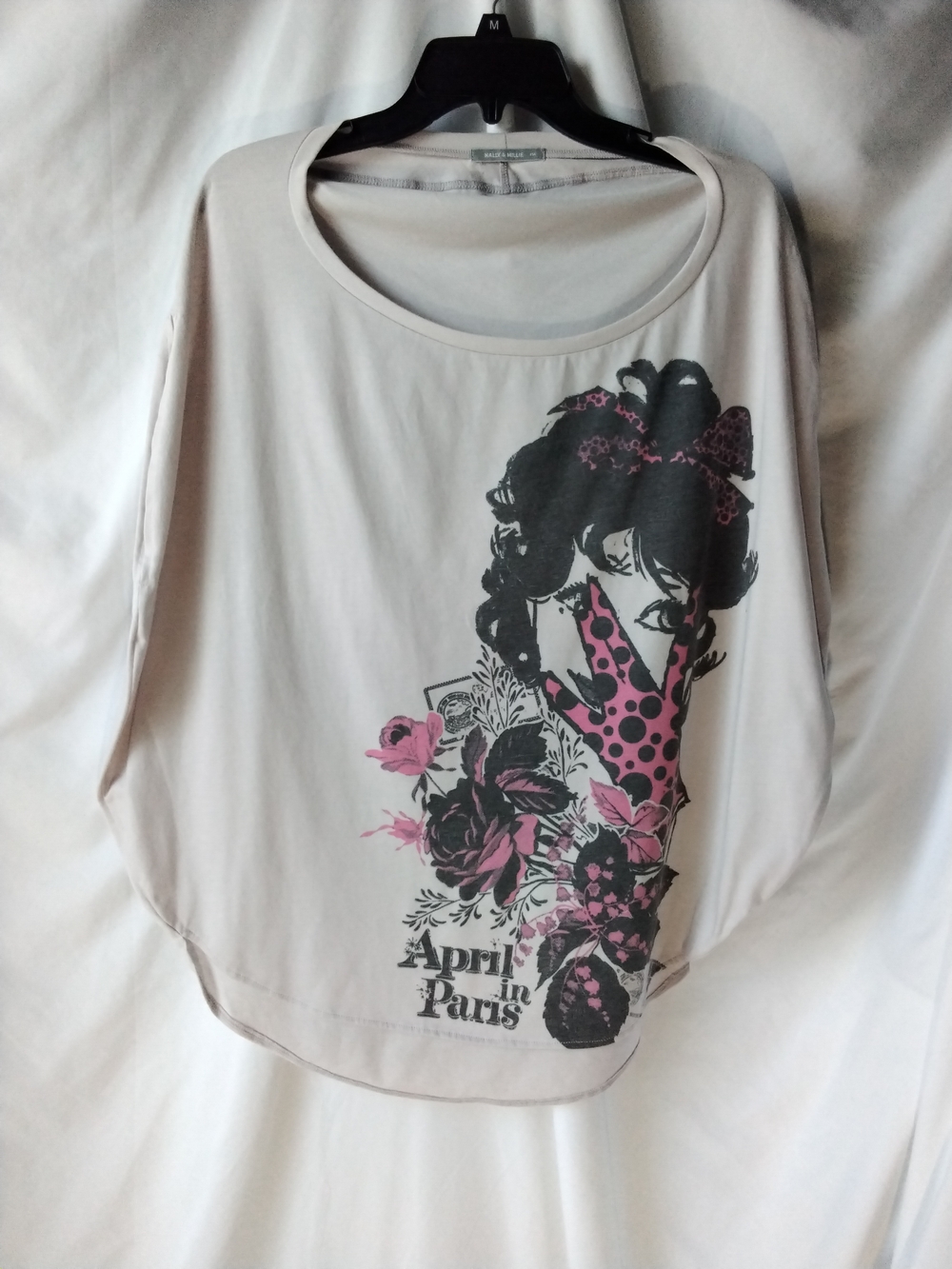 Nally & Millie Light Beige Long Sleeve Tee with Pink & Black Graphic